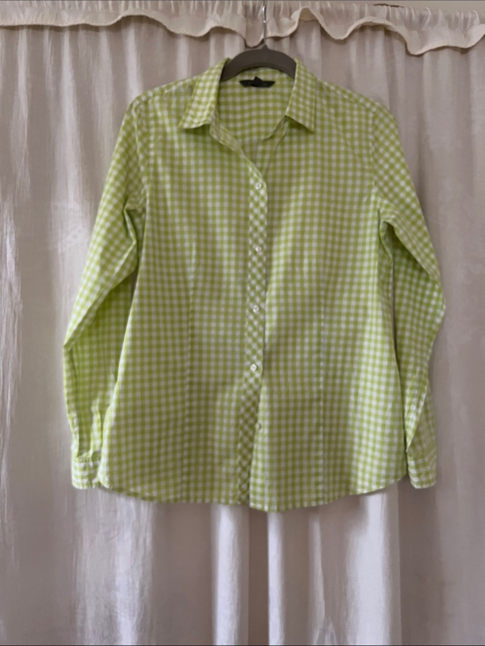 LLBean Signature Lime Green Gingham Button-Down Shirt, 100% Cotton, Size 8